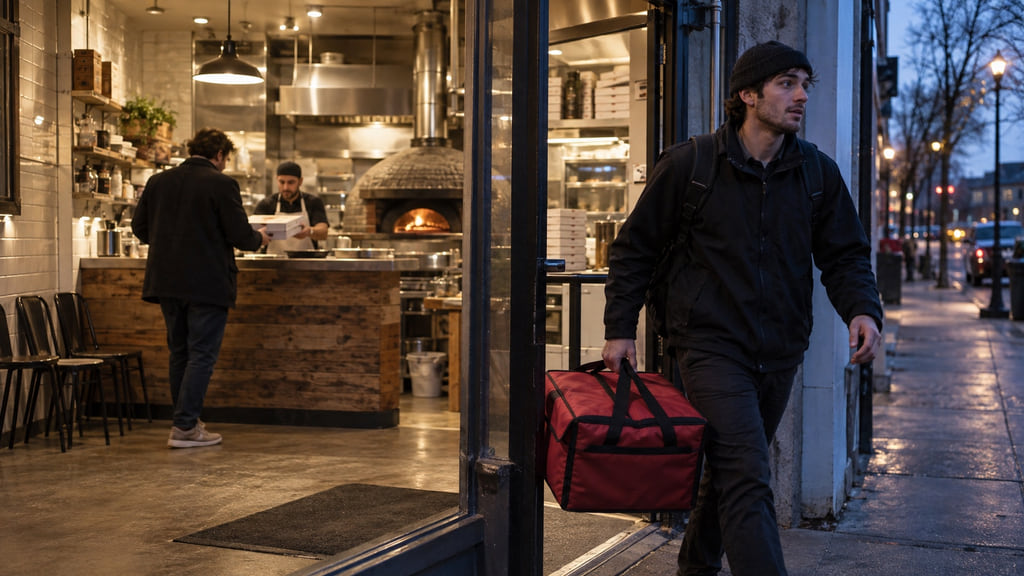 Courier leaving a compact unbranded pizzeria with an insulated bag at dusk.