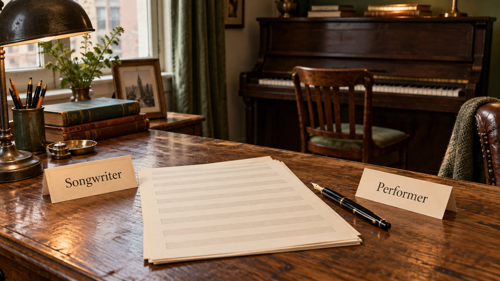 Songwriter and Performer cards lie beside manuscript paper, with a piano in the background.