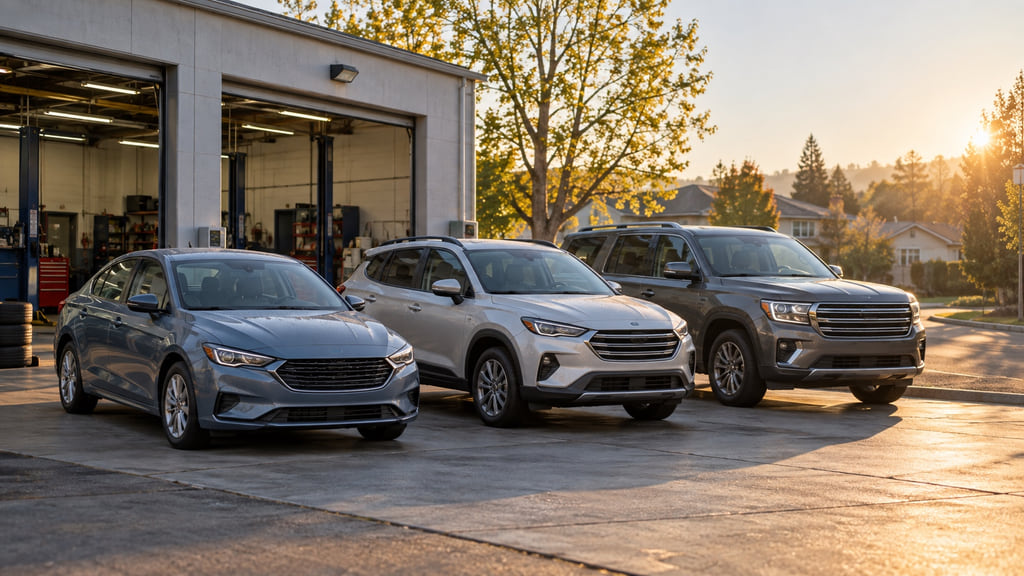 Editorial illustration of three unbranded cars and SUVs parked outside an independent repair shop at sunrise.