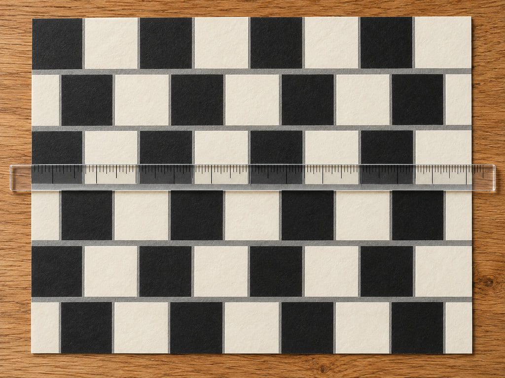 A transparent straightedge rests across a paper pattern of staggered dark and light tiles.