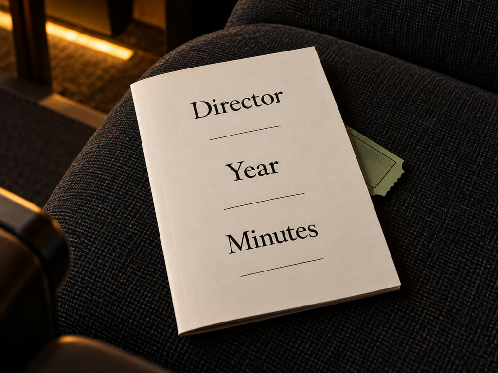 An ivory program on a charcoal cinema seat has separate Director, Year, and Minutes fields.