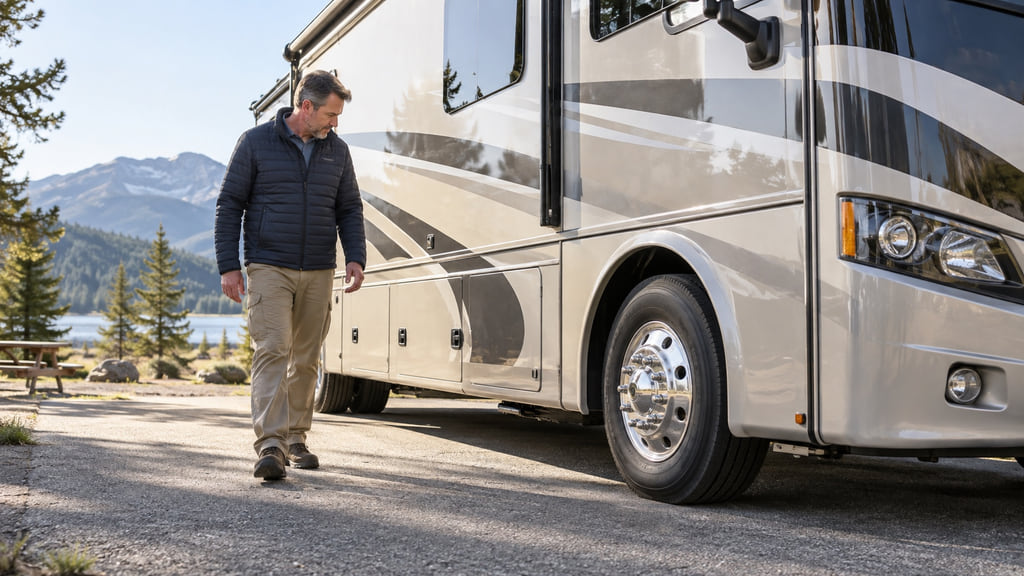 A traveler checks the wheel area and confirms the RV leveling equipment is fully retracted.