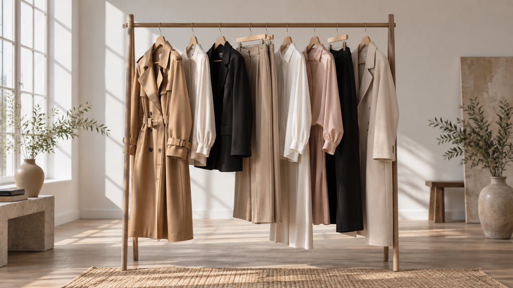 Curated clothing rack featuring elegant neutral coats and blouses in a sunlit studio.