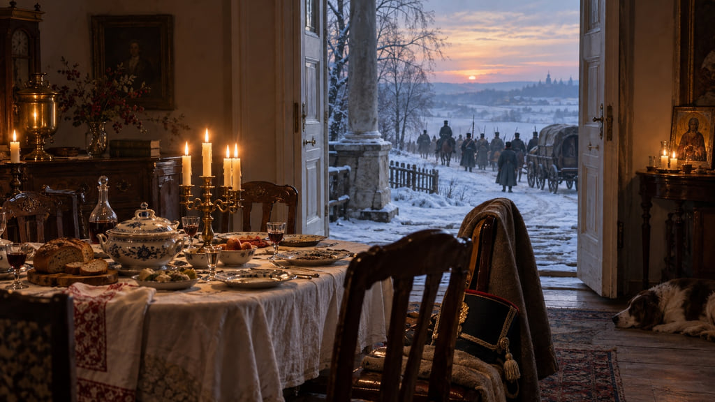 Candlelit Russian dining room opening onto a snowy road where soldiers and wagons pass in the distance.