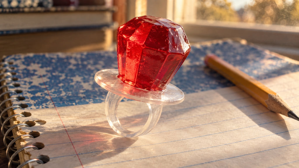 A faceted red candy gem on a clear plastic ring resting on a school notebook.