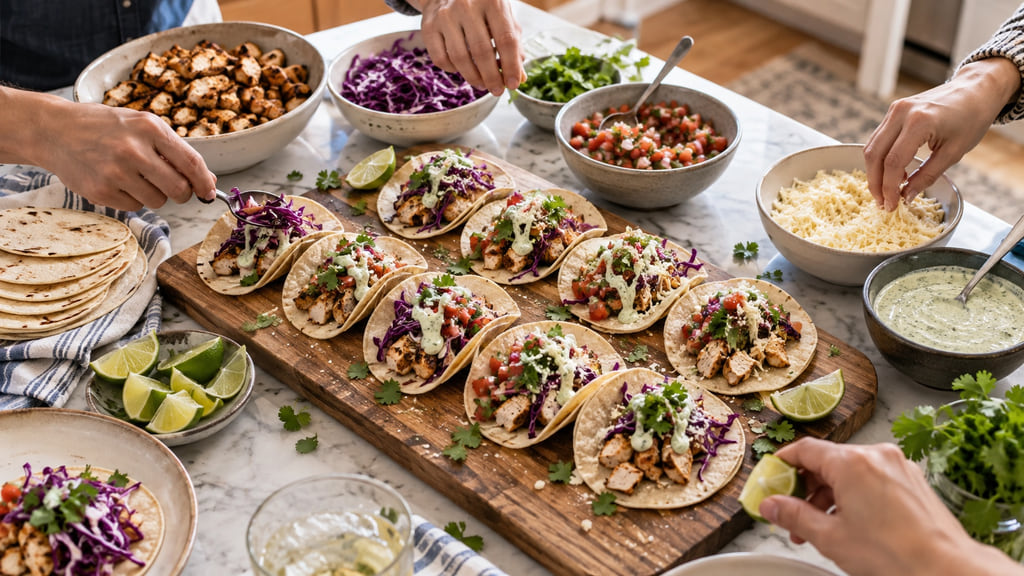 Hands assemble grilled chicken street tacos with cabbage, salsa, cheese, lime, and cilantro crema on a kitchen island.