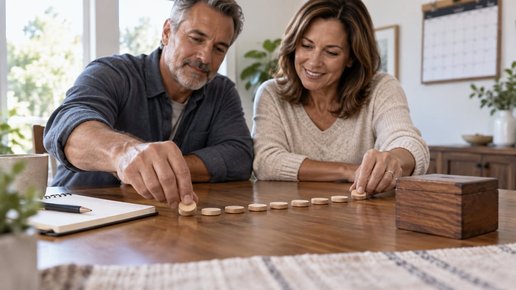 Couple arranging wooden milestone tokens in a path toward a keepsake box at a dining table.