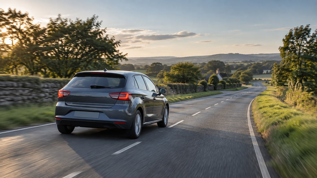 Unbranded compact car taking a calm late-afternoon drive on a dry country road after a period of limited use.
