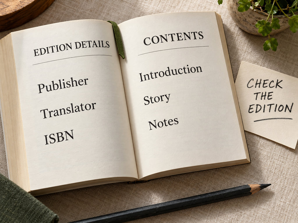 An open example book separates edition details from contents, beside a Check the Edition card.