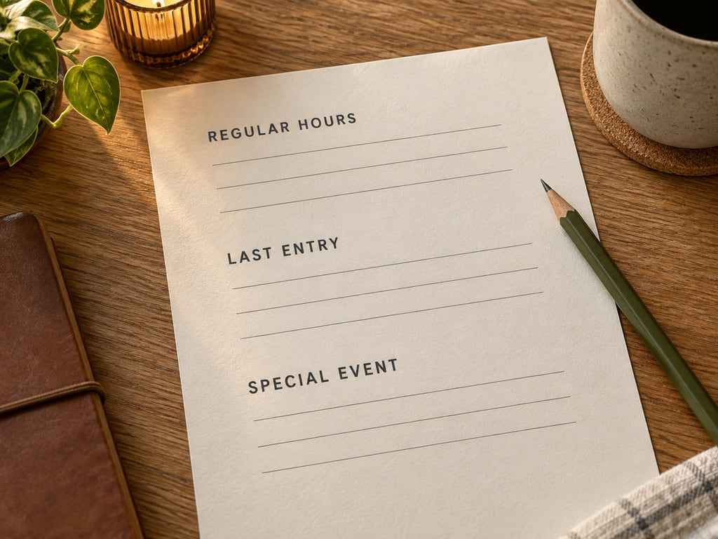 A paper planner separates regular hours, last entry, and special event notes.