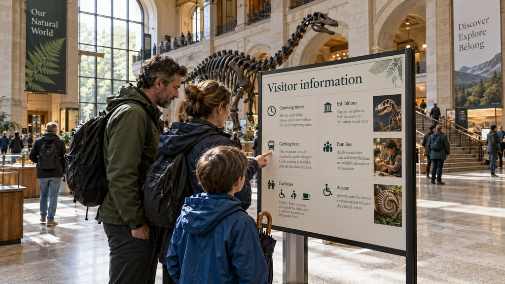 Visitors read a visitor information board in a bright museum hall.