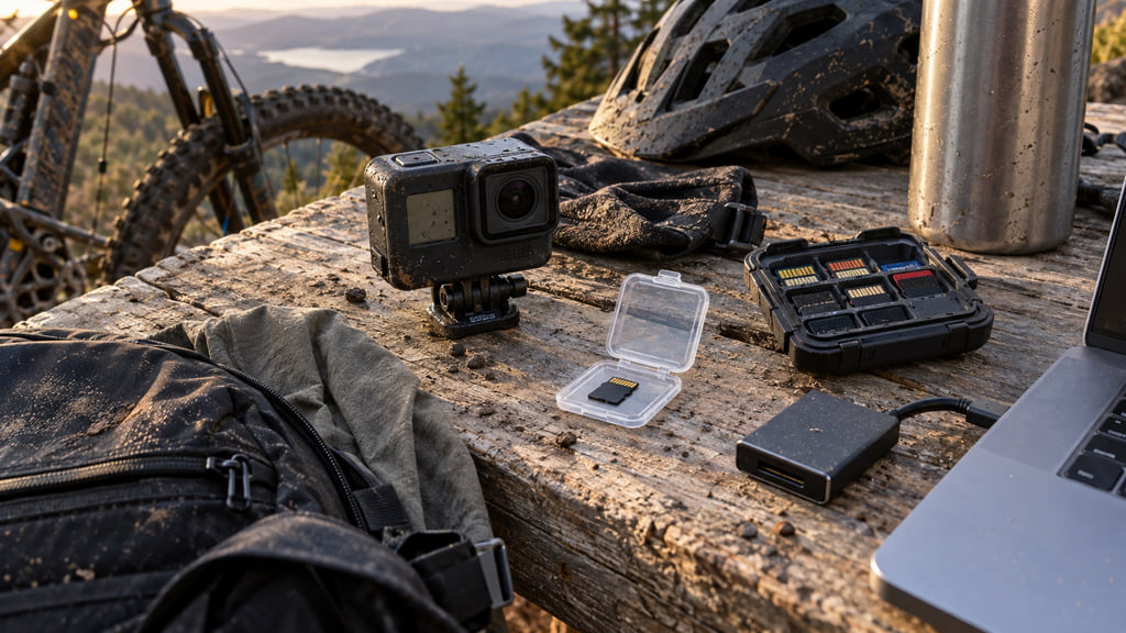 Action camera, protected memory cards, card reader, and trail gear on a dusty outdoor worktable.