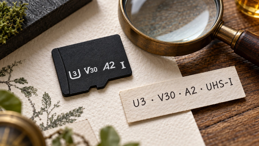 A microSD card and magnifier beside a note identifying U3, V30, A2, and UHS-I.