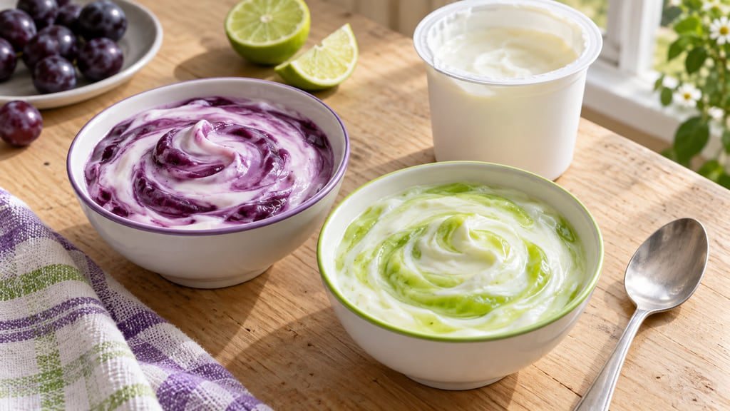 Purple and lime fruit yogurt swirled in two small white bowls.