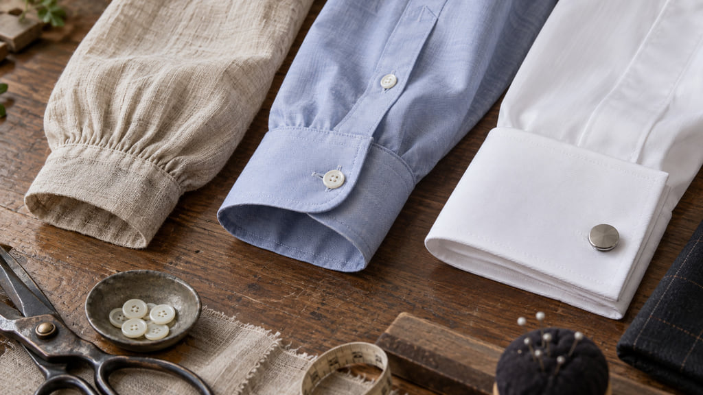 Simple gathered linen cuff, blue button cuff, and folded white double cuff arranged in sequence on a tailor's bench.