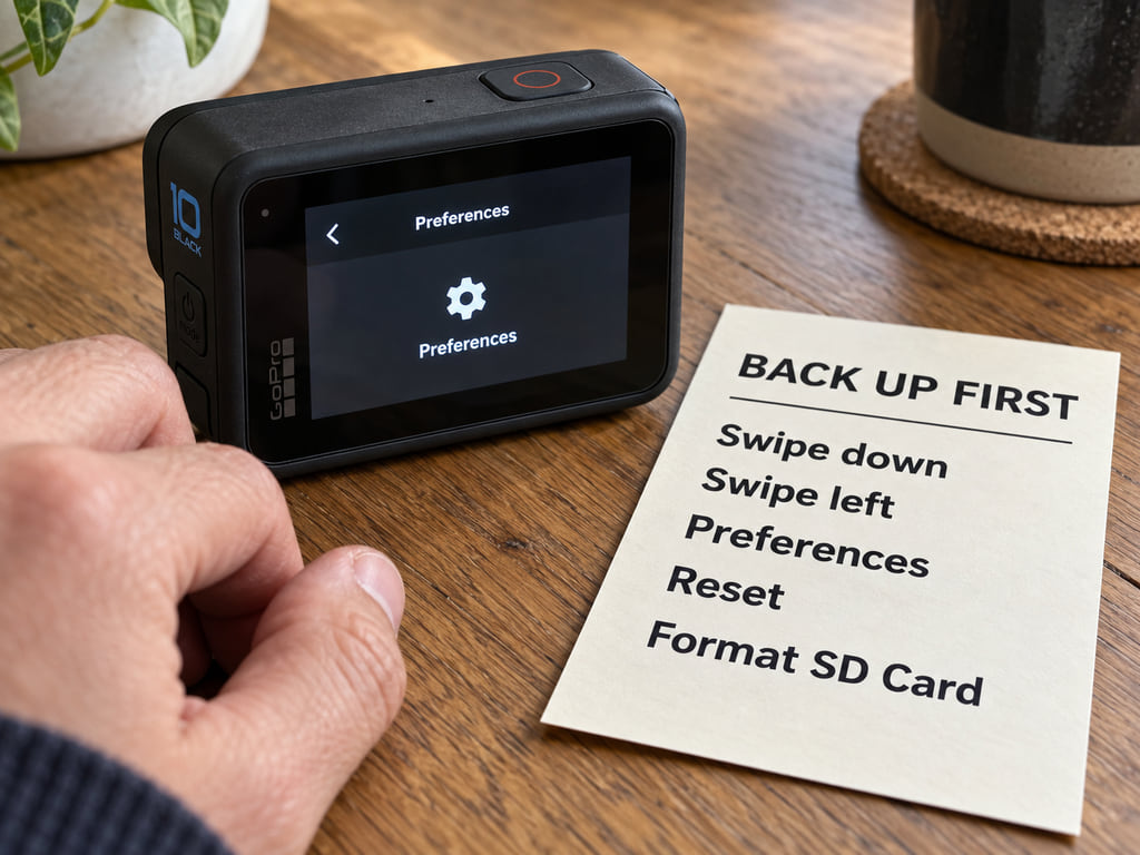 A printed backup reminder lists the HERO10 formatting menu steps beside a camera.