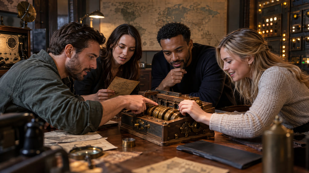 Four adults collaborating over a brass mechanical puzzle in a retro communications room.