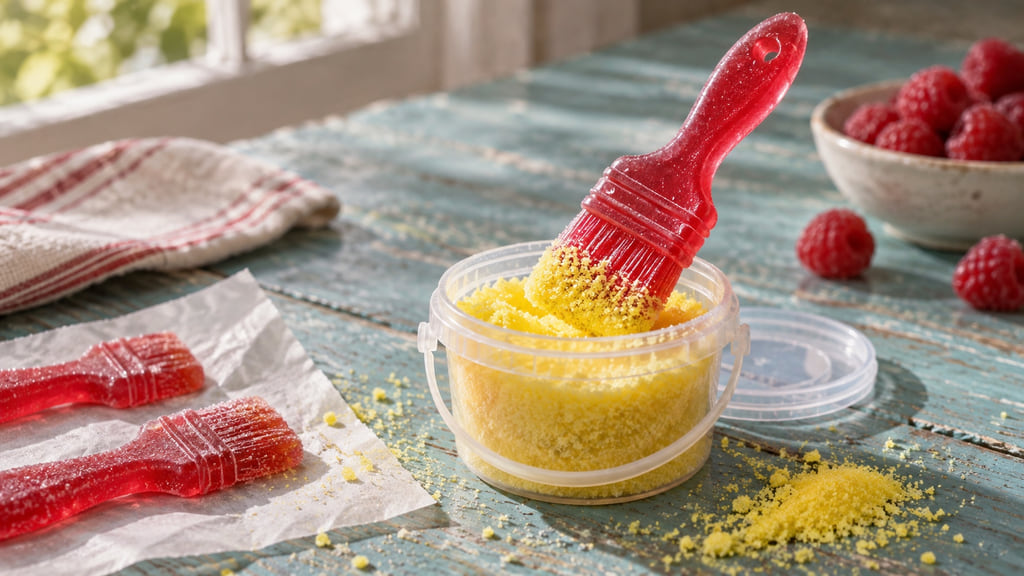 A red candy brush being dipped into yellow sour candy powder.
