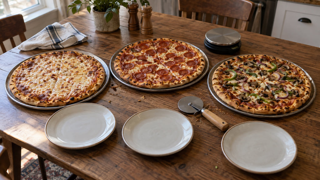 Three different baked pizzas, empty portion plates, a pizza wheel, and a kitchen scale on a wooden table.