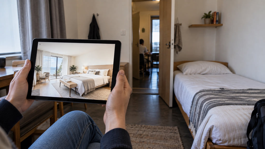 Traveler compares a bright rental photo with written details that reveal a smaller shared room and missing amenities.