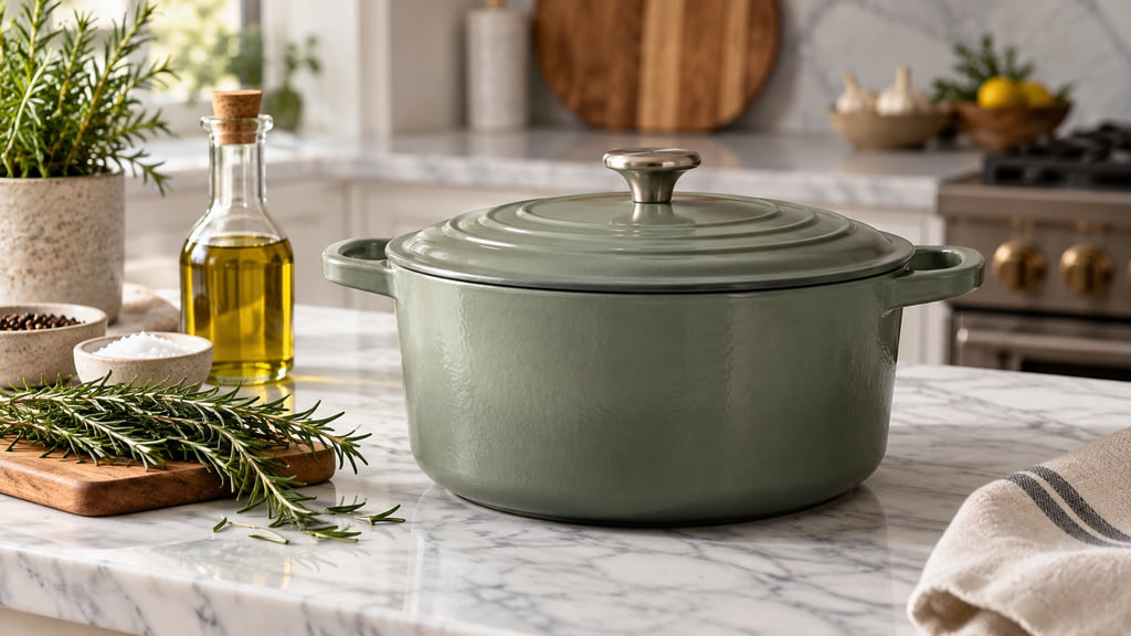 Sage green enameled cast iron Dutch oven on a marble kitchen counter.