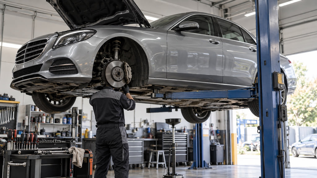 A silver midsize luxury sedan raised on a workshop lift for a detailed mechanical inspection.