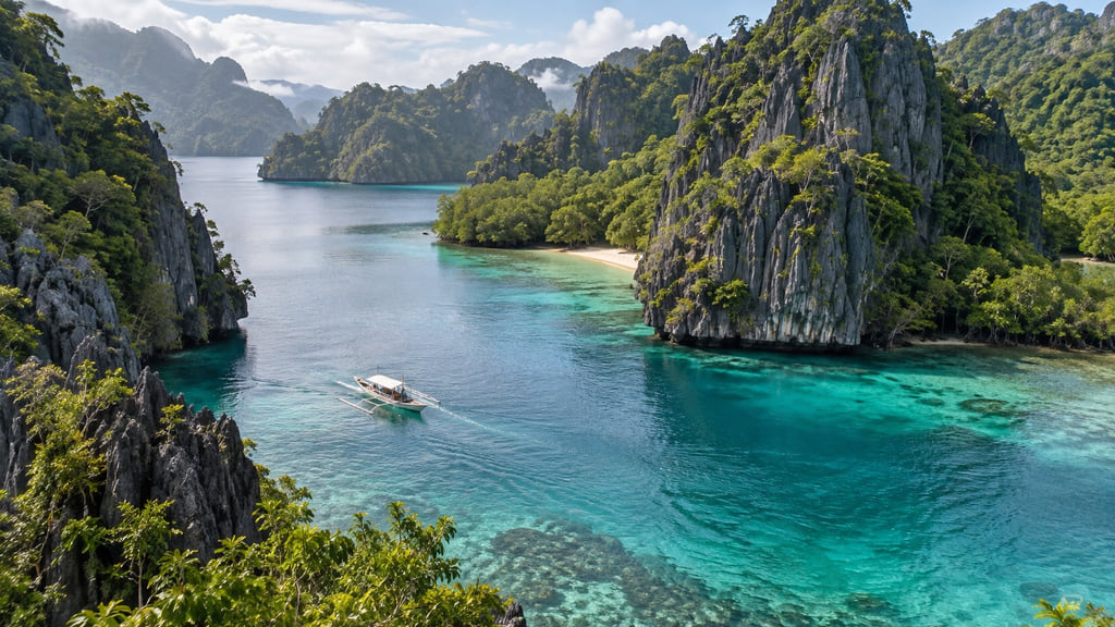 Illustrated outrigger boat crossing turquoise water between Palawan-inspired limestone islands.