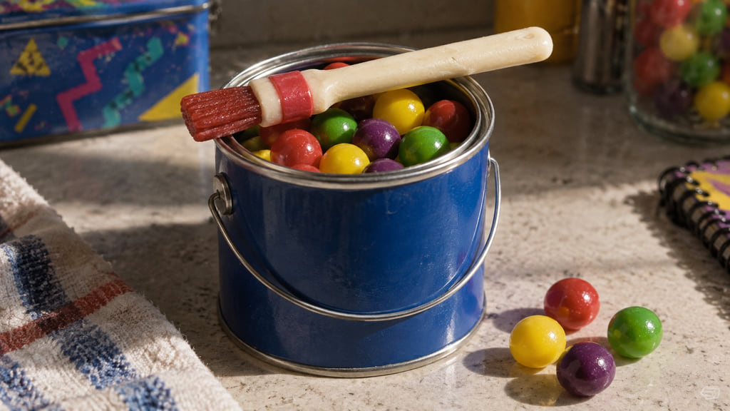 Colorful round gum pieces in a blue paint-can-shaped container with a candy brush across the rim.