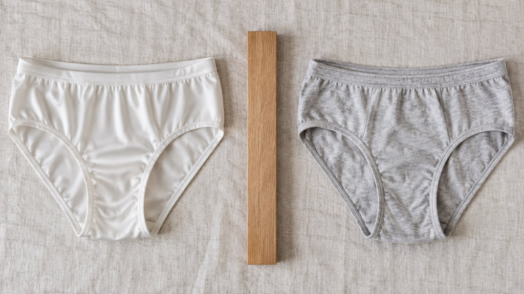White nylon briefs and gray cotton briefs arranged in the same overhead comparison.