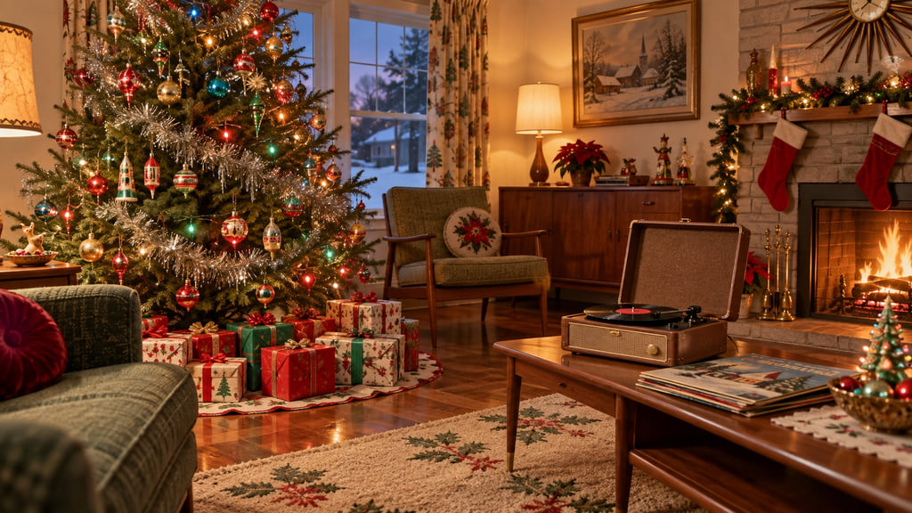 Mid-century living room with a colorful Christmas tree, wrapped gifts, and a portable record player.