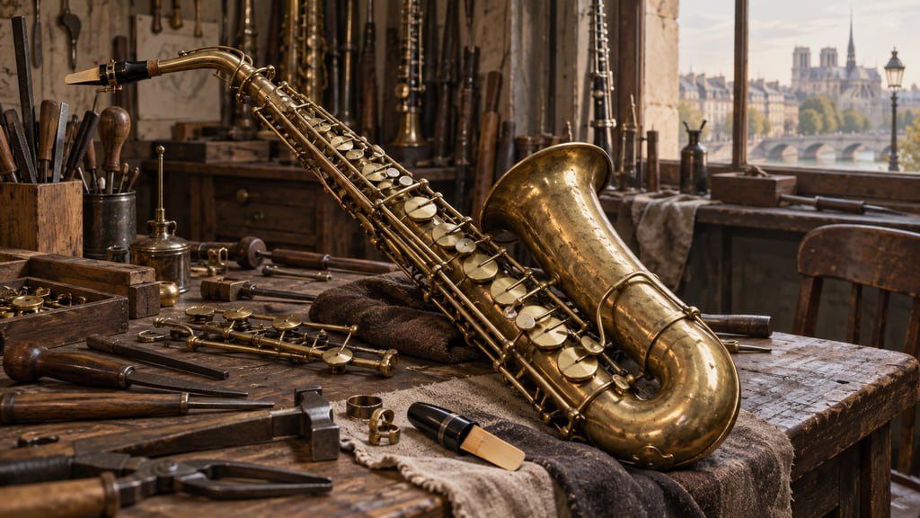 Editorial illustration of an early brass saxophone and reed mouthpiece on a nineteenth-century instrument maker's bench.
