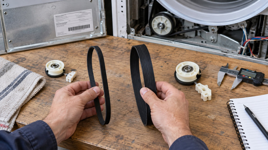 Two similar dryer belts with different dimensions are compared beside calipers on a repair bench.