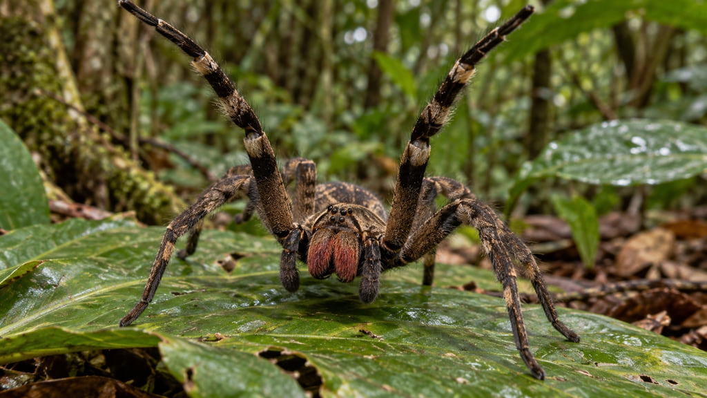 Brazilian wandering spider raising its front legs in a defensive posture on a broad leaf.