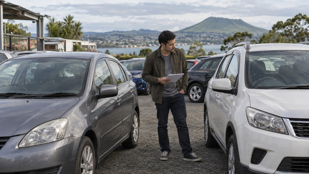 Buyer comparing two unbranded used cars in an Auckland vehicle yard with a volcanic hill beyond.