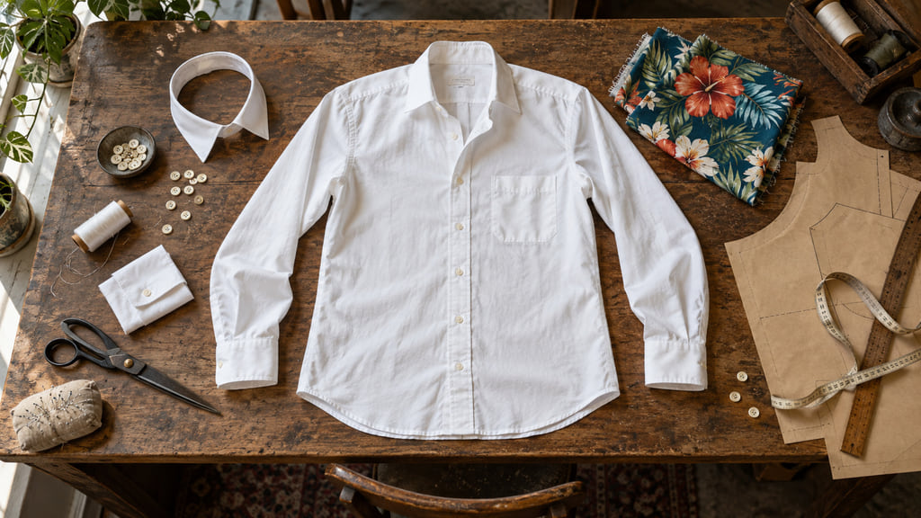 White button-front shirt and separate collar, cuff, buttons, thread, pattern paper, and floral fabric on a tailor's table.