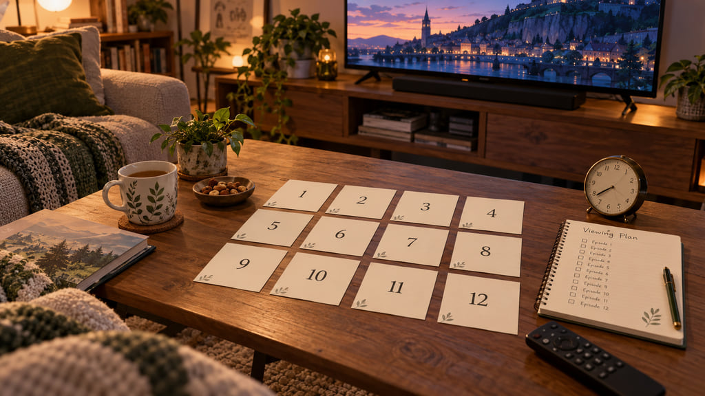Twelve numbered episode cards sit beside a viewing planner and clock in a cozy living room.