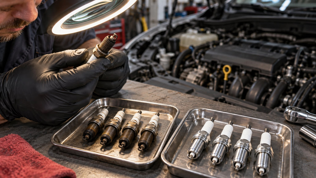 Mechanic inspecting a used spark plug beside separate trays of worn and new plugs at a workshop bench.