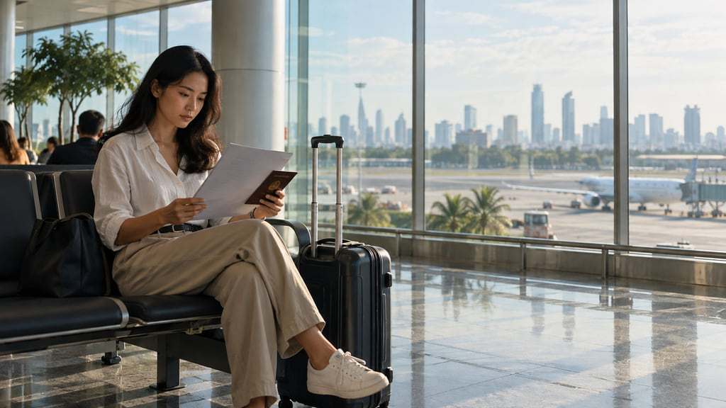 Traveler reviewing medical records beside a carry-on in a Southeast Asian airport departure hall.
