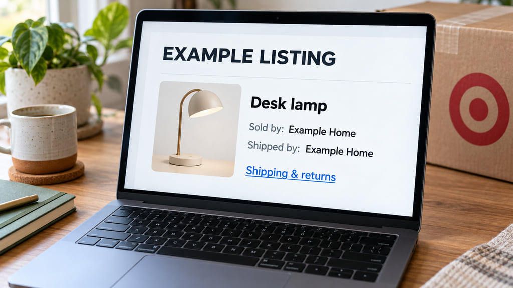Laptop displaying an illustrative example listing with separate seller and shipping fields on an oak desk.
