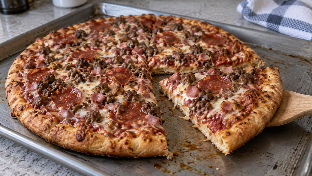 Generic four-meat pizza on a baking tray with one quarter separated on a wooden spatula.