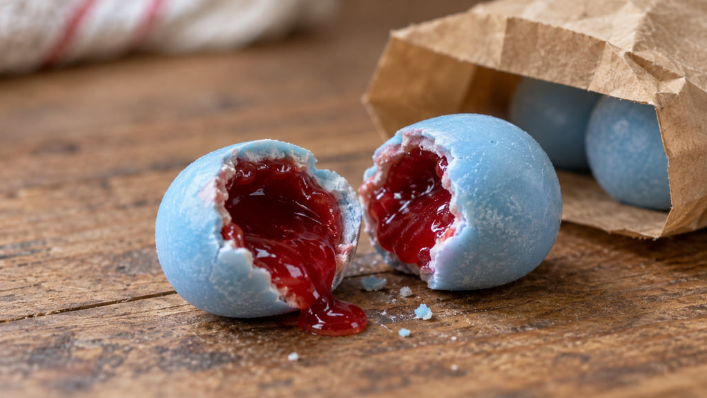 Pale blue bubble-gum pieces split open around a red liquid center.