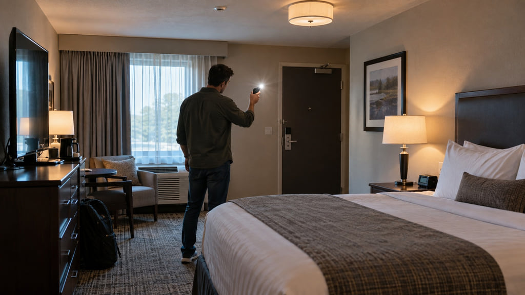 Traveler calmly surveying a hotel room with a phone flashlight before unpacking.