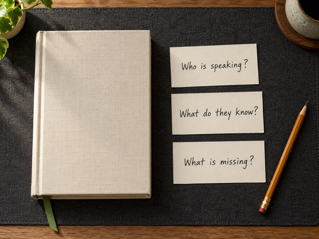 Three notes beside a closed novel ask Who is speaking, What do they know, and What is missing.