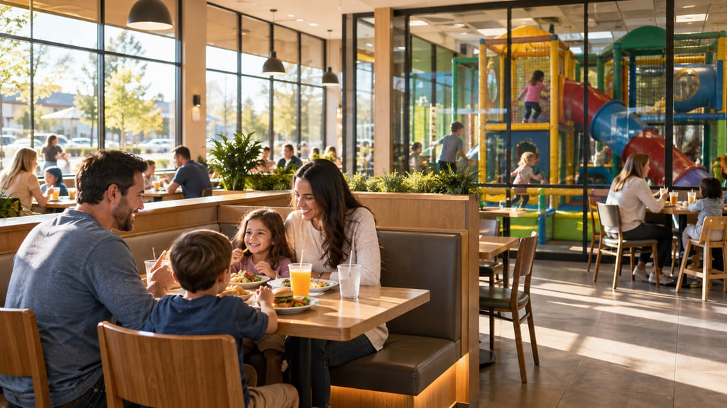 Family restaurant dining room with a glass-enclosed indoor play space in the background.