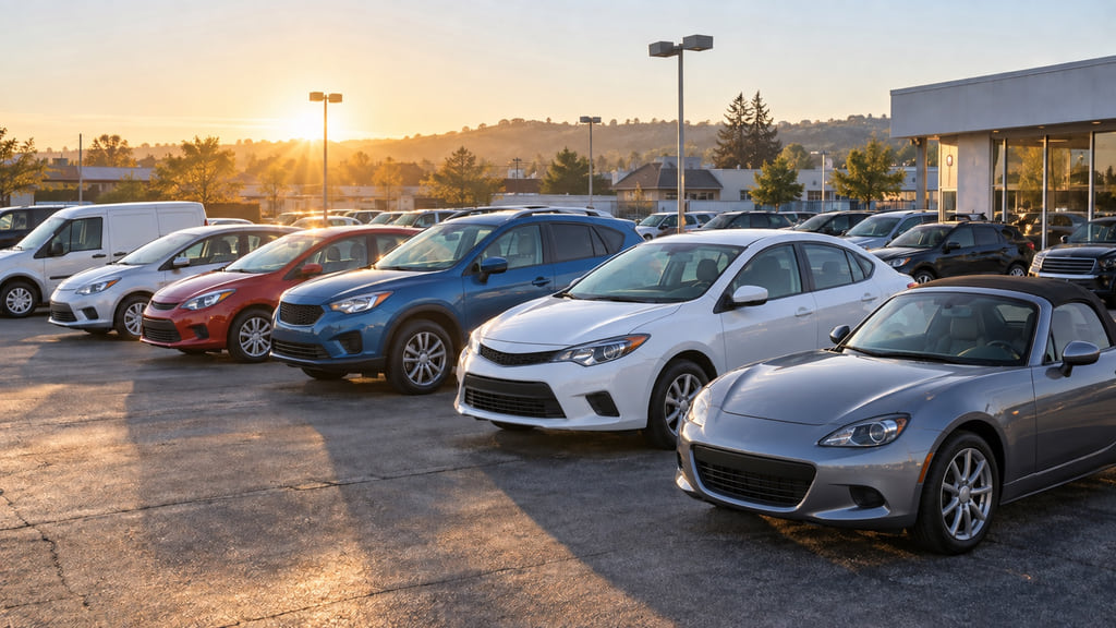A varied lineup of practical cars at an outdoor dealership in warm morning light.