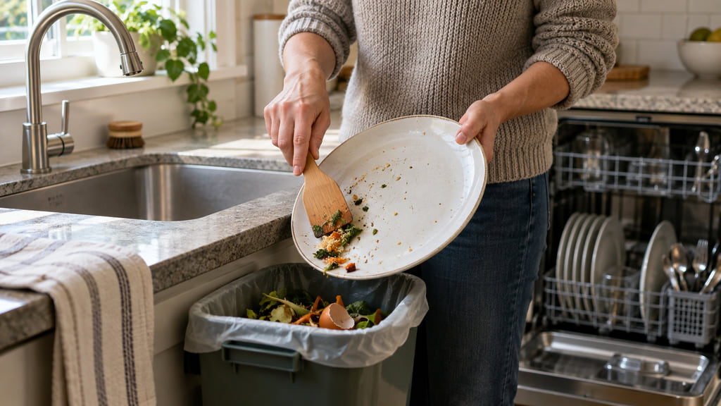 Person scraping loose dinner scraps from a plate into a kitchen waste bin beside a faucet that is turned off.