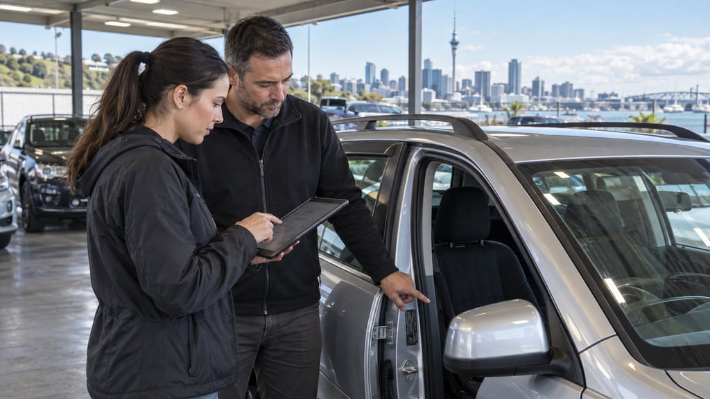 Buyer checking a used wagon's identity details with a seller at an unbranded Auckland car yard.
