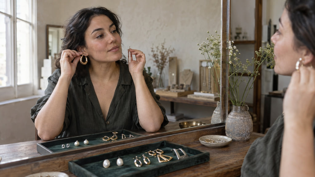 Jewelry shopper comparing a hoop and a linear drop earring beside a mirror.