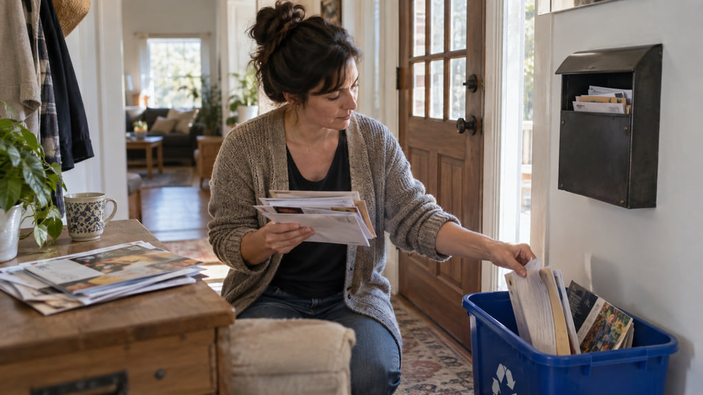 Resident sorting generic advertising mail beside a home mailbox and recycling bin.