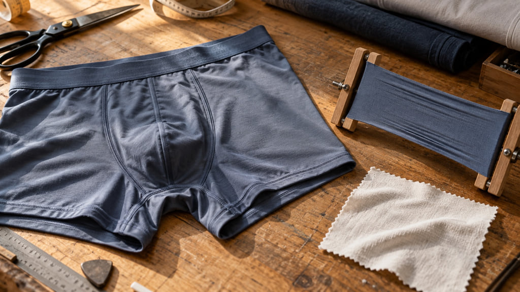 Navy nylon-spandex boxer briefs and stretched knit swatches on a tailor's wooden worktable.
